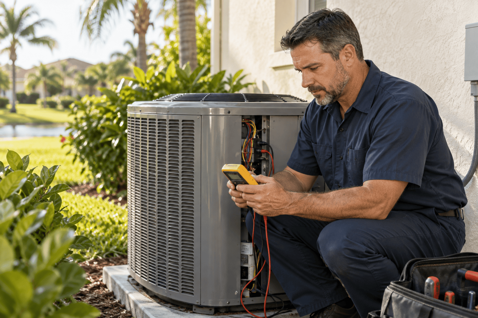 Illustrative HVAC technician working on a home air conditioning system